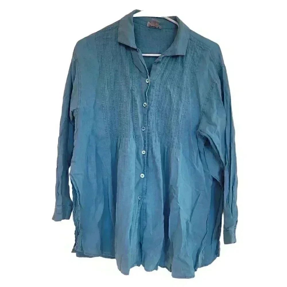 Neiman Marcus Women's Turquoise Linen Pleated Collared Button Down Shirt